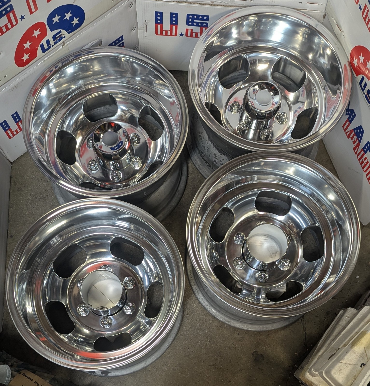 4 VINTAGE 6-LUG POLISHED 15x10 SLOT MAG WHEELS CHEVY/GMC TRUCK TOYOTA DATSUN 4x4
