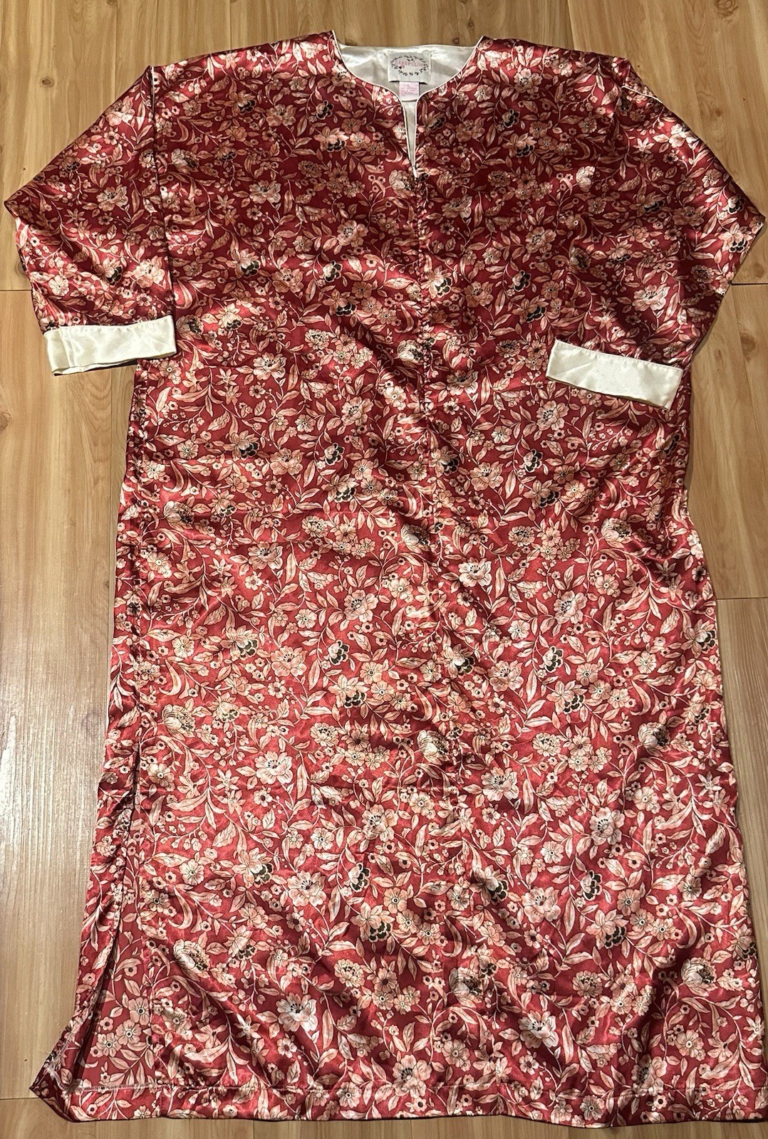 Vintage Sleep Club Floral House Dress L Red Satin Trim Long Sleeve Made Korea