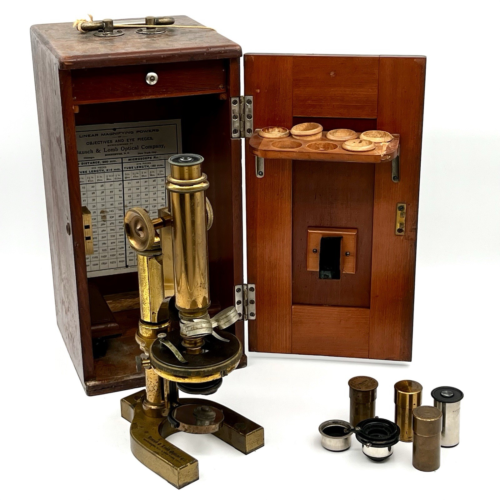 Antique Bausch & Lomb Optical Company Brass Microscope 23243 w/ Lenses in Box Antique Bausch & Lomb Optical Company Brass Microscope 23243 w/ Lenses in Box