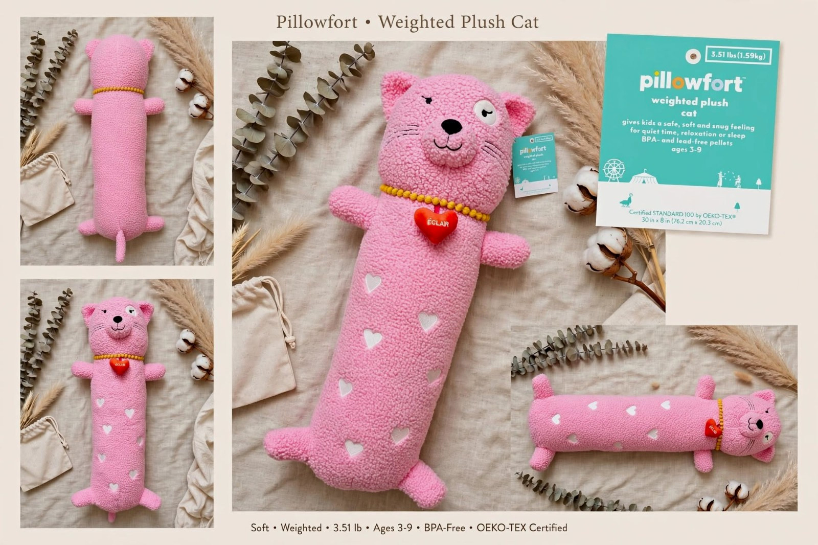 Pillowfort Weighted Plush Cat Pink BPA-Free Large (24-36 in) Ages 3-9