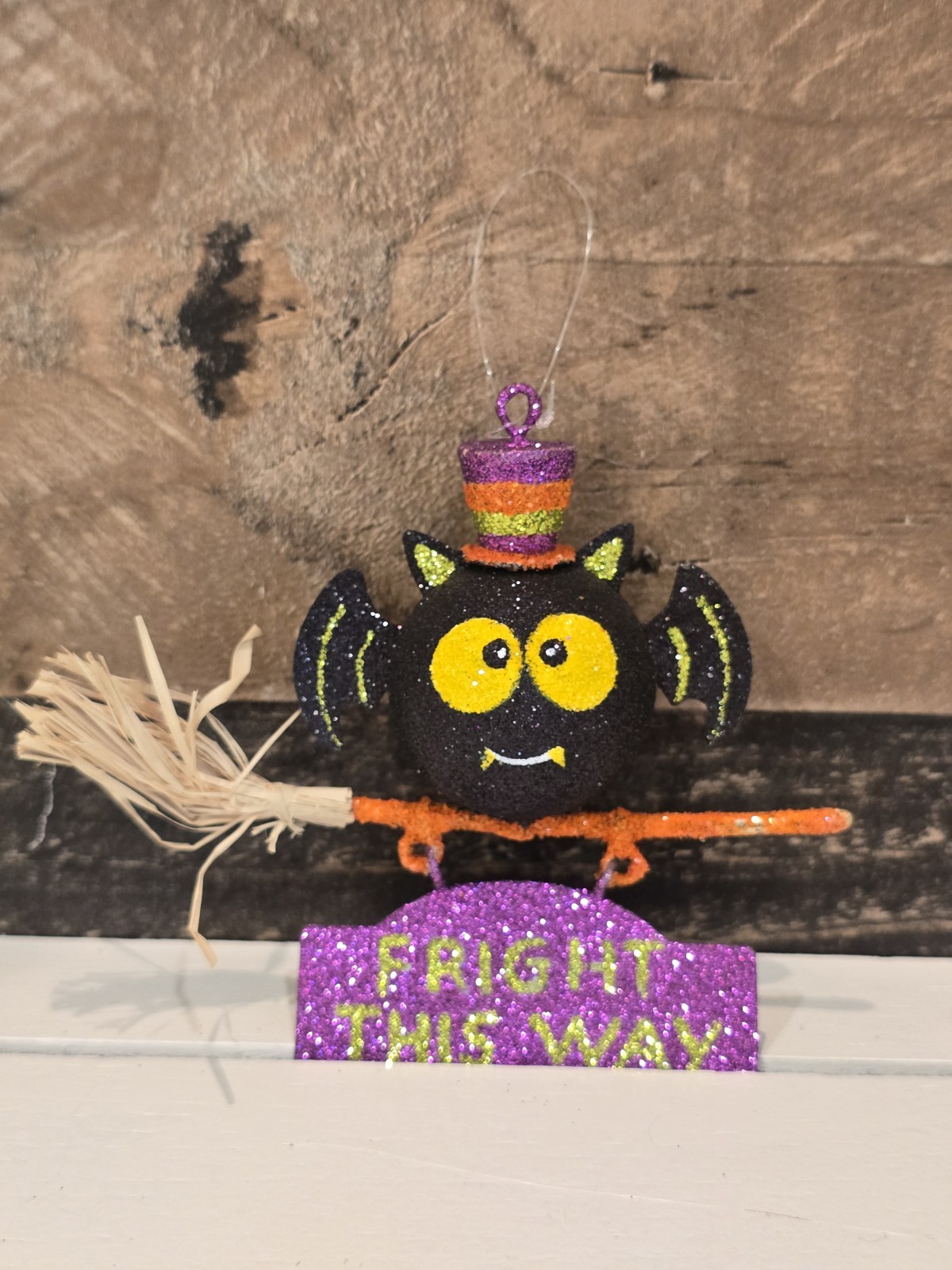 Retired Pier 1 Halloween Glitter Bat Ornament Fright This Way Top Hat Broom HTF