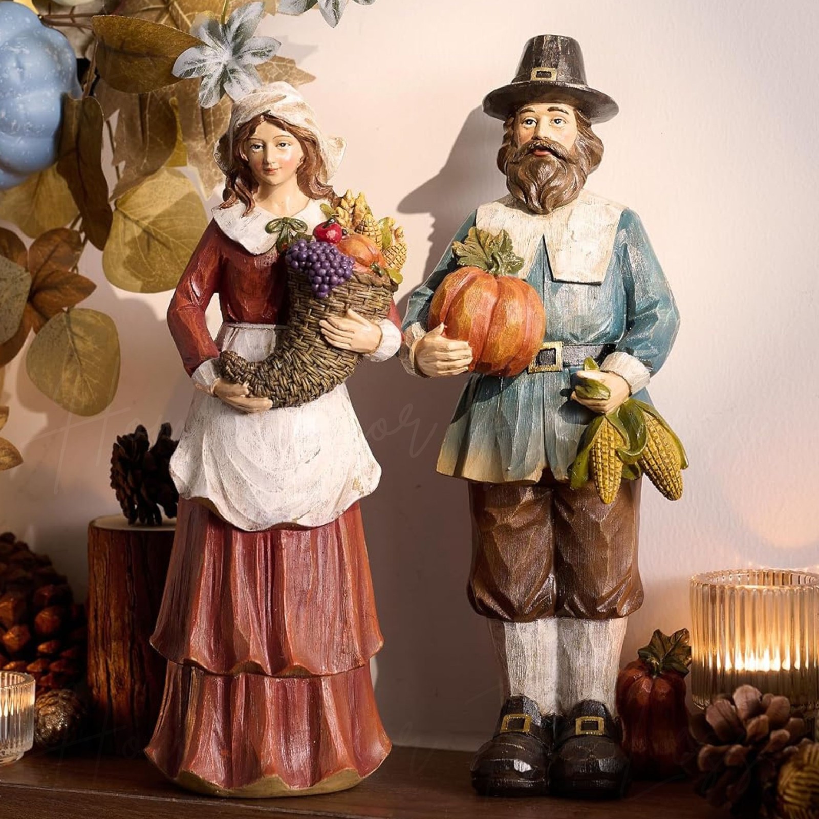 Thanksgiving Fall Harvest Pilgrim Couple Figurine Statue Table Centerpiece Decor