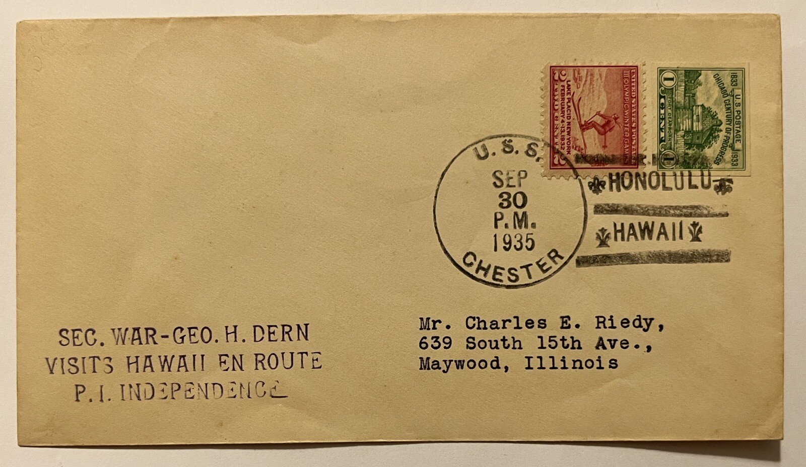 1935 USS CHESTER COVER HONOLULU HAWAII SEC. WAR ENROUTE PHILIPPINES INDEPENDENCE 1935 USS CHESTER COVER HONOLULU HAWAII SEC. WAR ENROUTE PHILIPPINES INDEPENDENCE