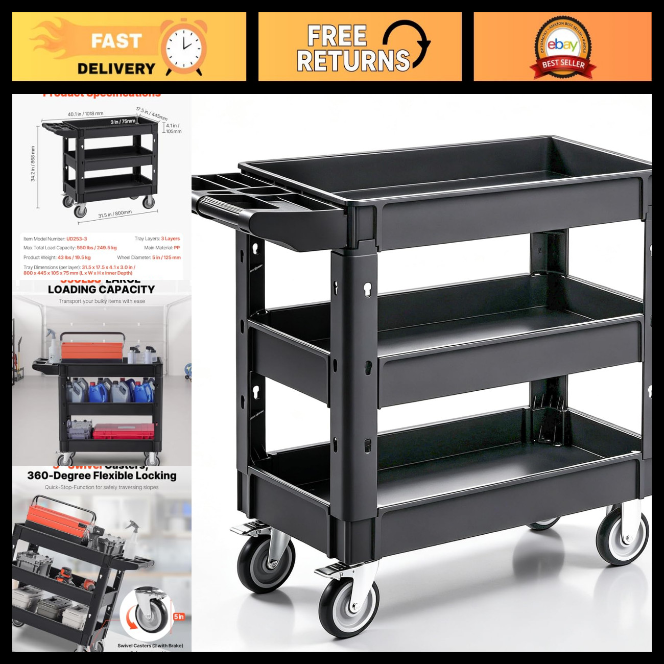 3-Tier Utility Cart with 550LBS Capacity, Locking Wheels, Ergonomic Handle, Gara