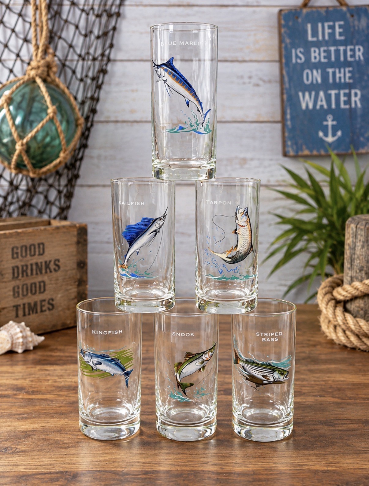Vintage Ned Smith Freshwater Game Fish Highball Glasses Set of 6 Great Cond.