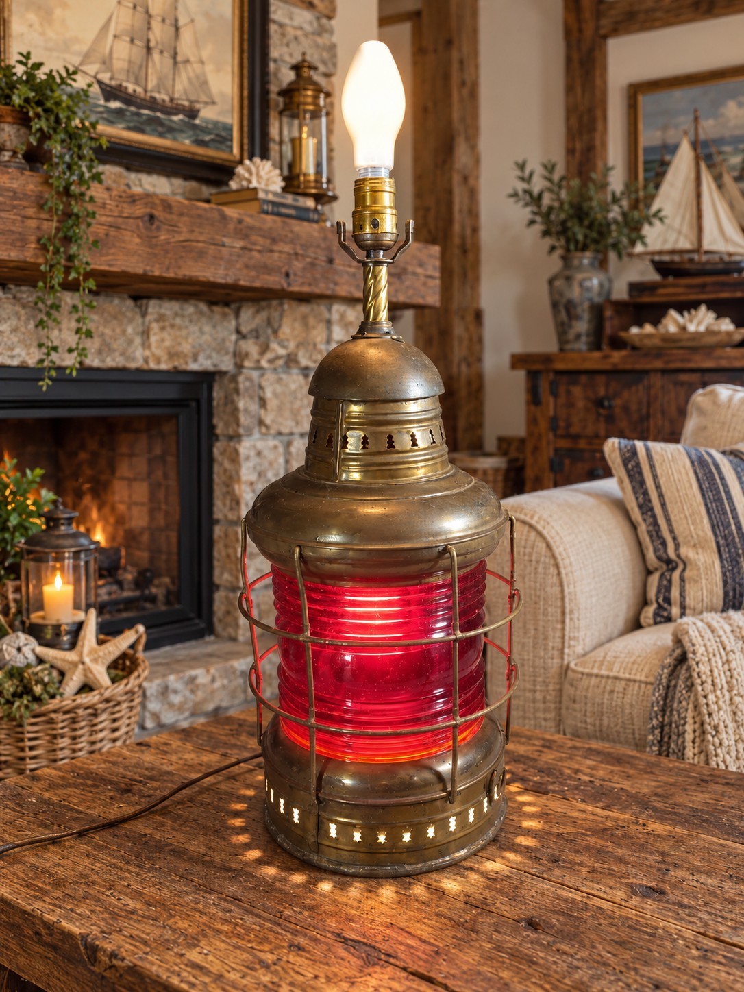 Vintage XL Brass Marine Navigation Ship\'s Lantern Fresnel Lens 4 Way Table Lamp