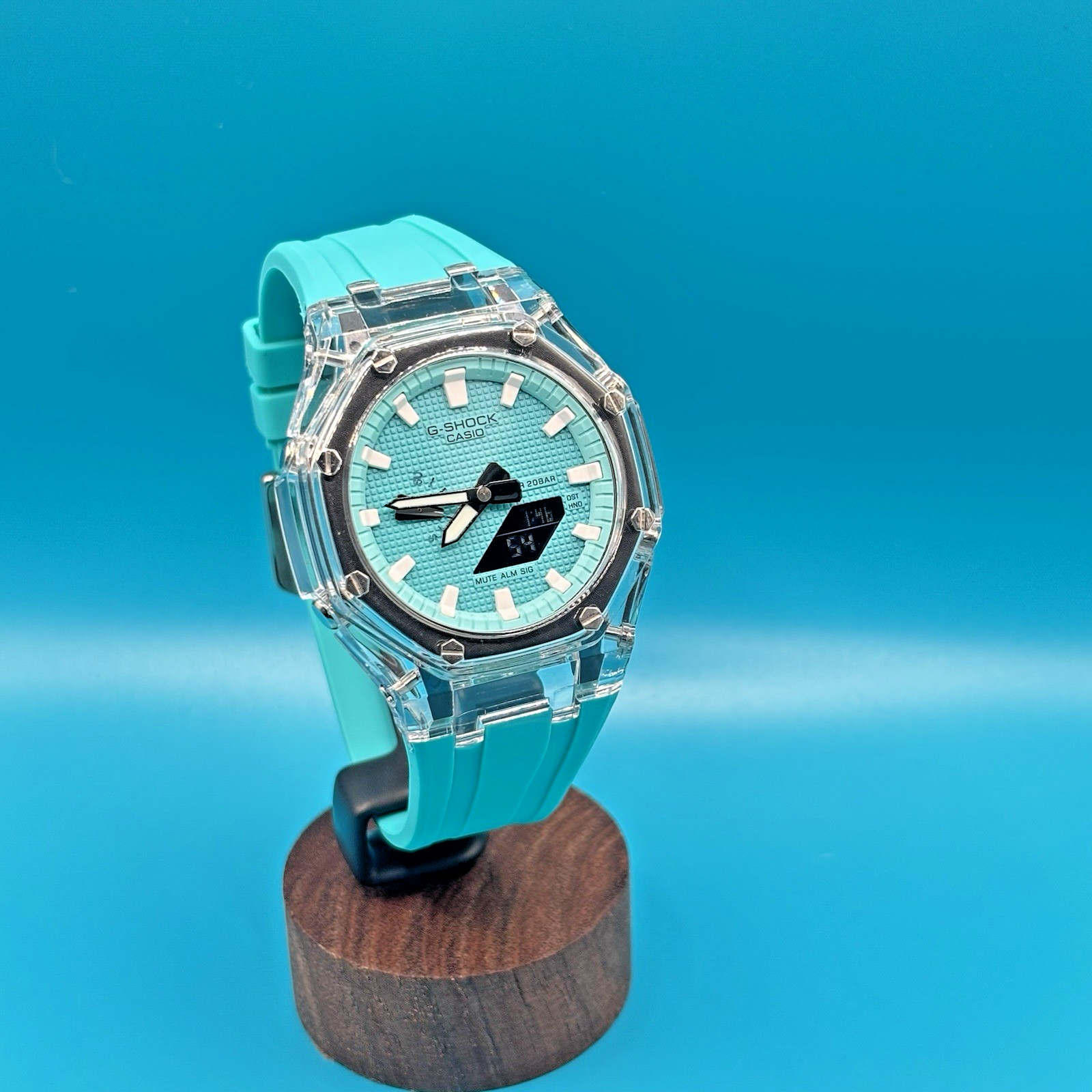 Custom Casio G-Shock GA2100 Octagon Watch – Clear Case & Sky Blue Dial