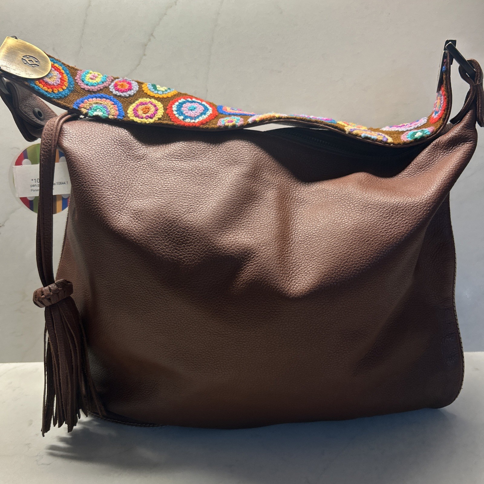 NWT Cristina Orozco Brown Leather Panama Shedron Bag Floral Embroidery Strap NWT Cristina Orozco Brown Leather Panama Shedron Bag Floral Embroidery Strap