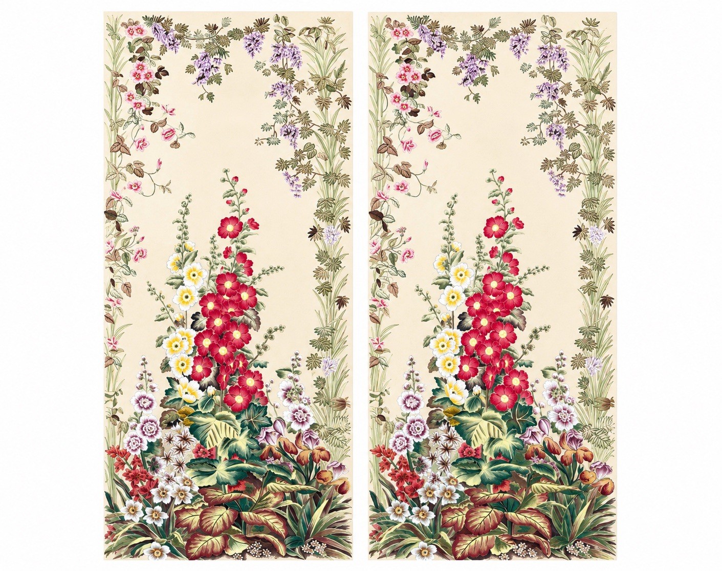 Pair Hand Painted Chinoiserie Floral  Panels Red Hollyhocks Chelsea Watercolor
