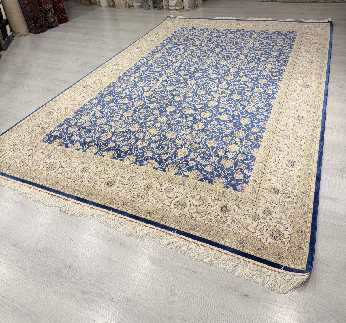 Turkish Silk Rug 8x11 ft Blue Floral Oriental Carpet Fringed Luxury Decor
