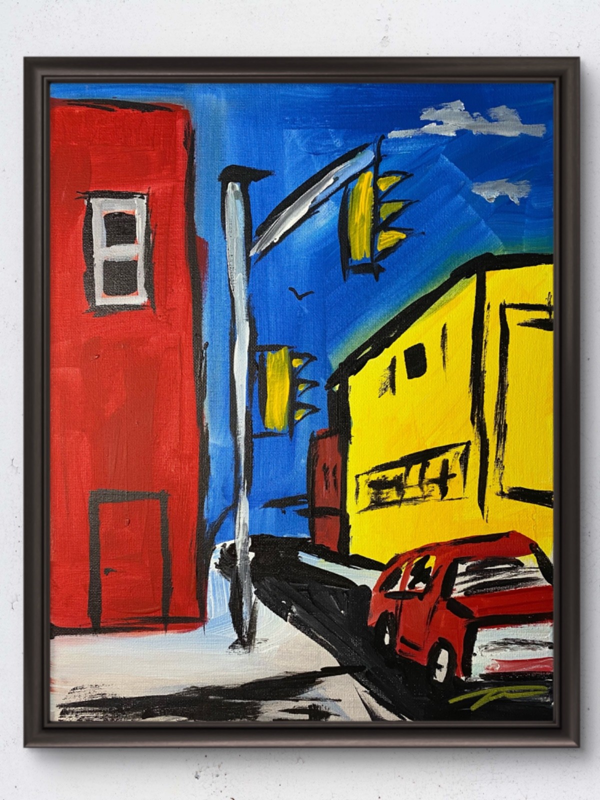 Original Acrylic 14x11 Red Modern Urban Street Corner Painting Signed Canvas