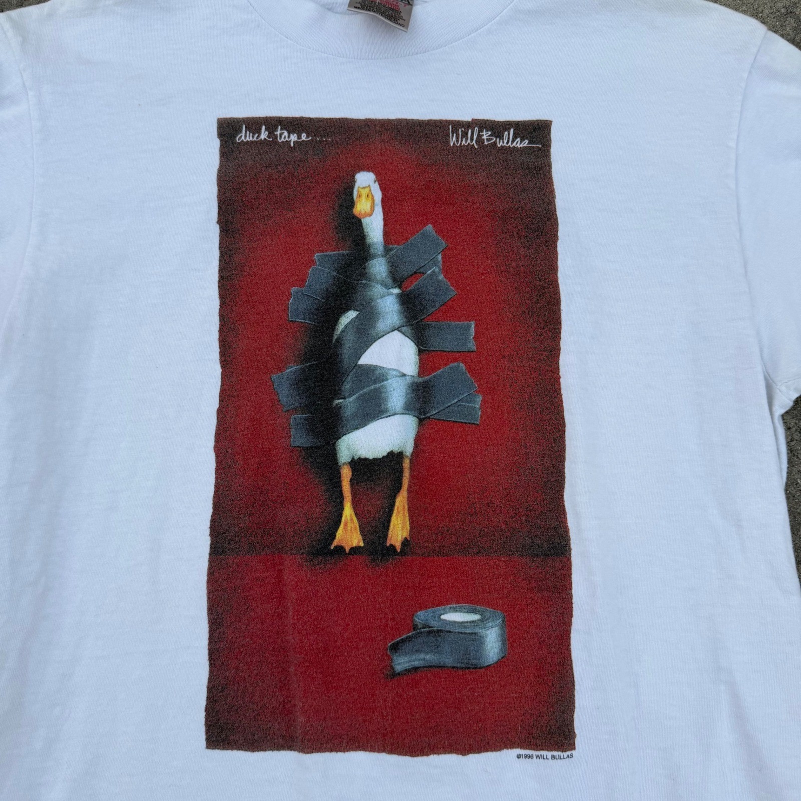 Vintage 1998 Will Bullas Duck Tape Graphic T-Shirt Oneita Power-T White Mens M Vintage 1998 Will Bullas Duck Tape Graphic T-Shirt Oneita Power-T White Mens M