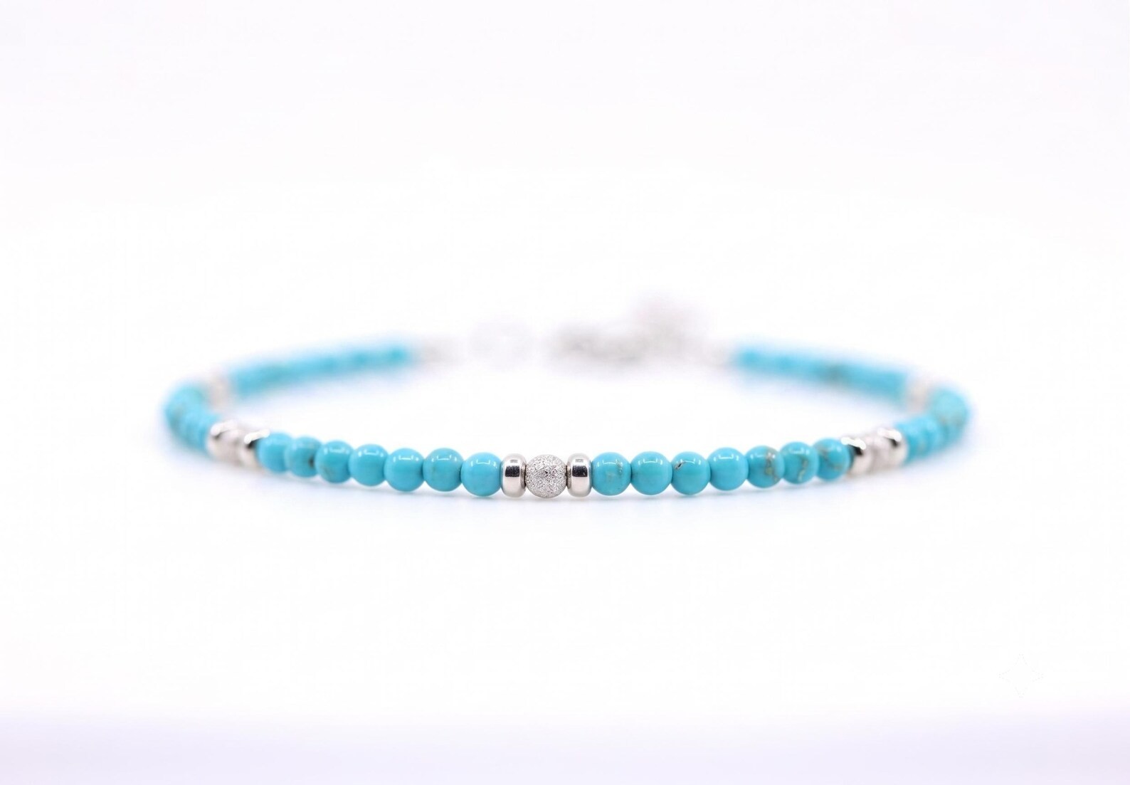 3mm Kingman Turquoise & Sterling Silver Beaded Gemstone Bracelet