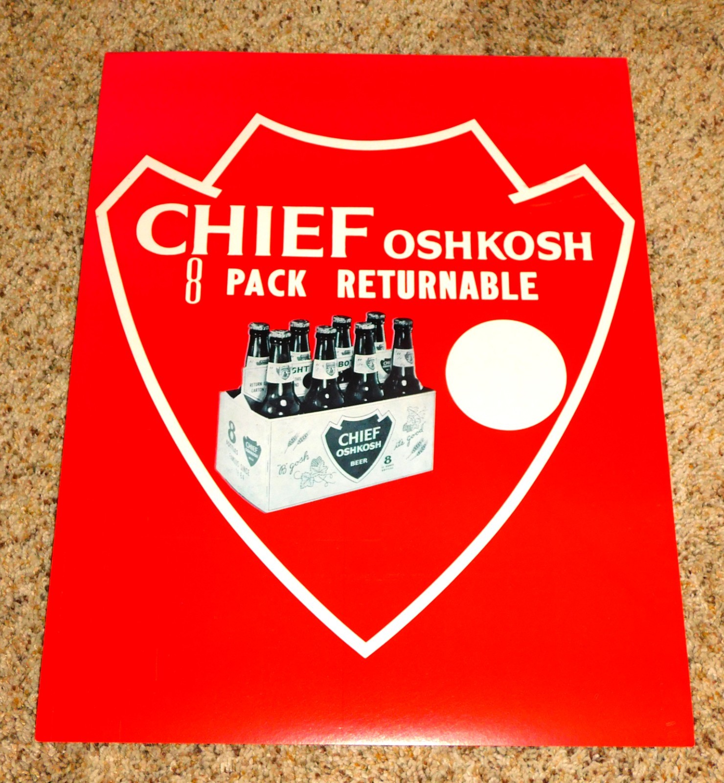 1960s Original CHIEF OSHKOSH BEER 8 Pack Of Bottles In Holder CARDBOARD Sign NOS