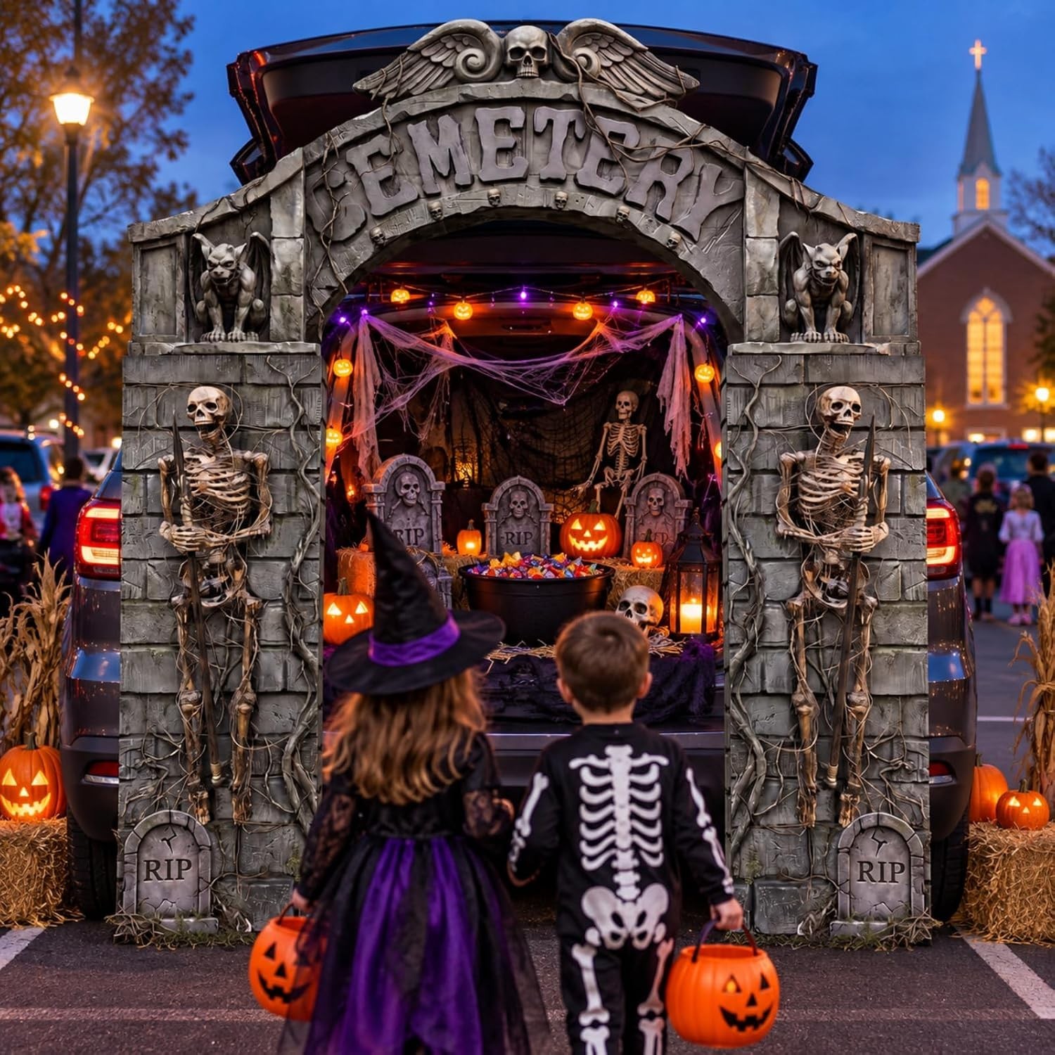 7 Pcs Halloween Cemetery Archway Tombstones Skeleton Set – Spooky Party Decor