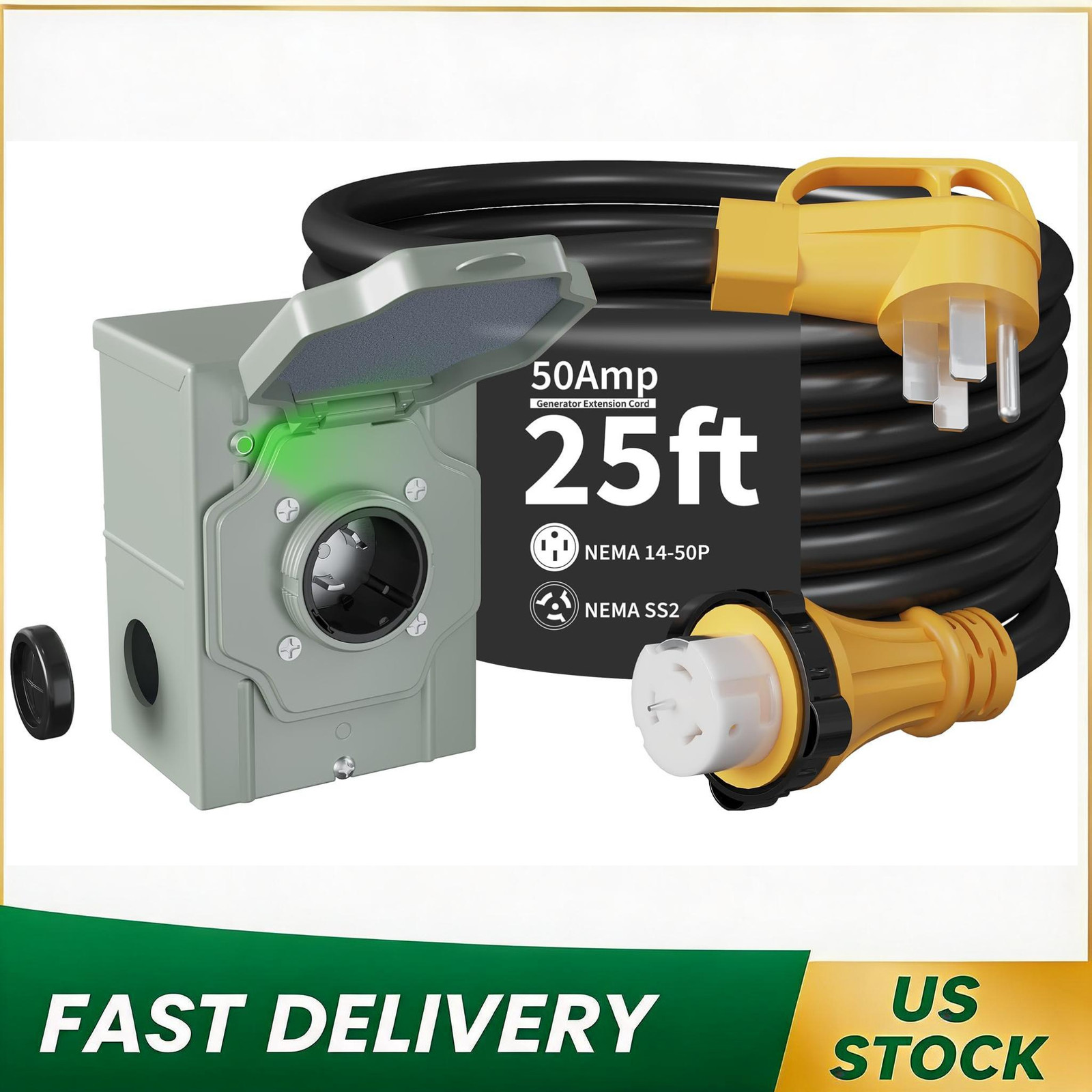 50 Amp 25FT Generator Power Cord and Power Inlet Box 14-50P Male to SS2-50R STW