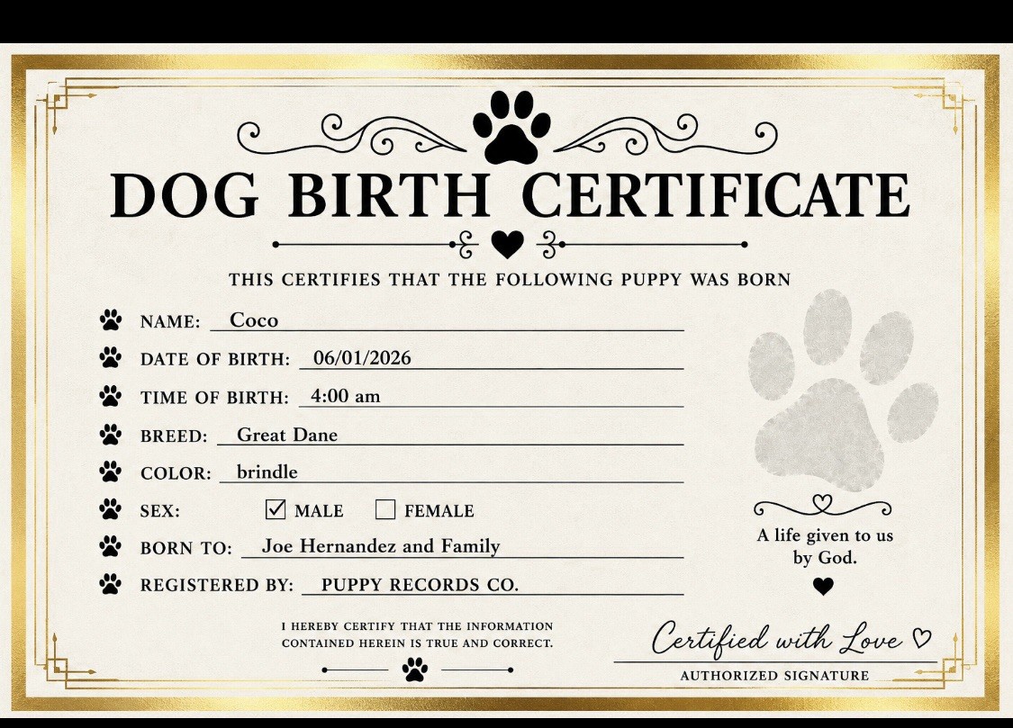 Dog Birth Certificate Puppy birth Certificate Dog Birth Certificate Puppy birth Certificate