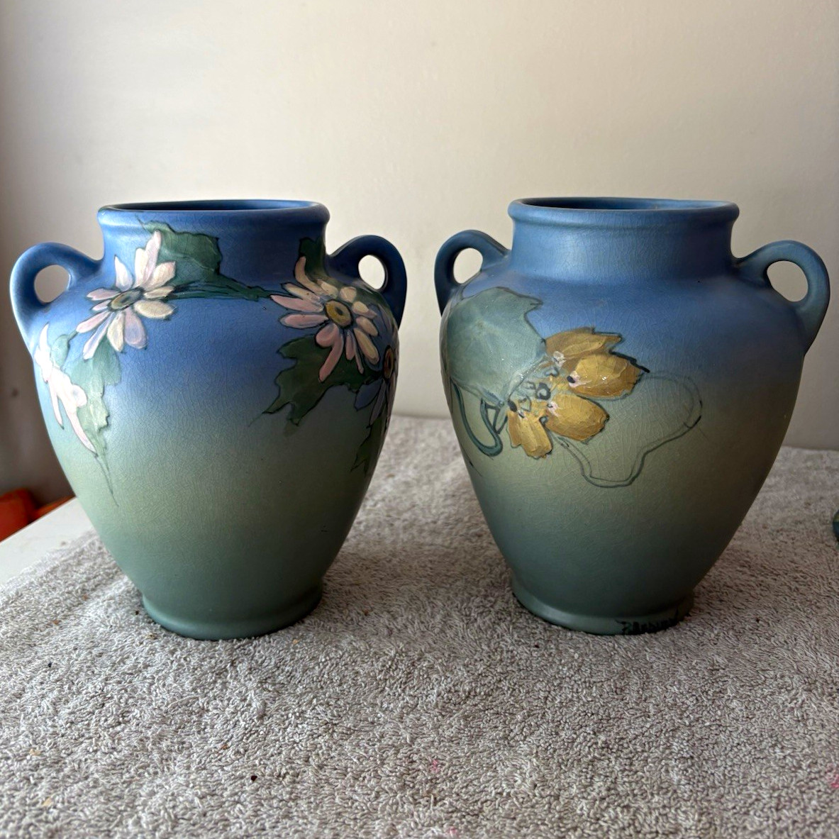 Vintage Weller Pottery, Hudson line, (2) double handled vases, both 7”