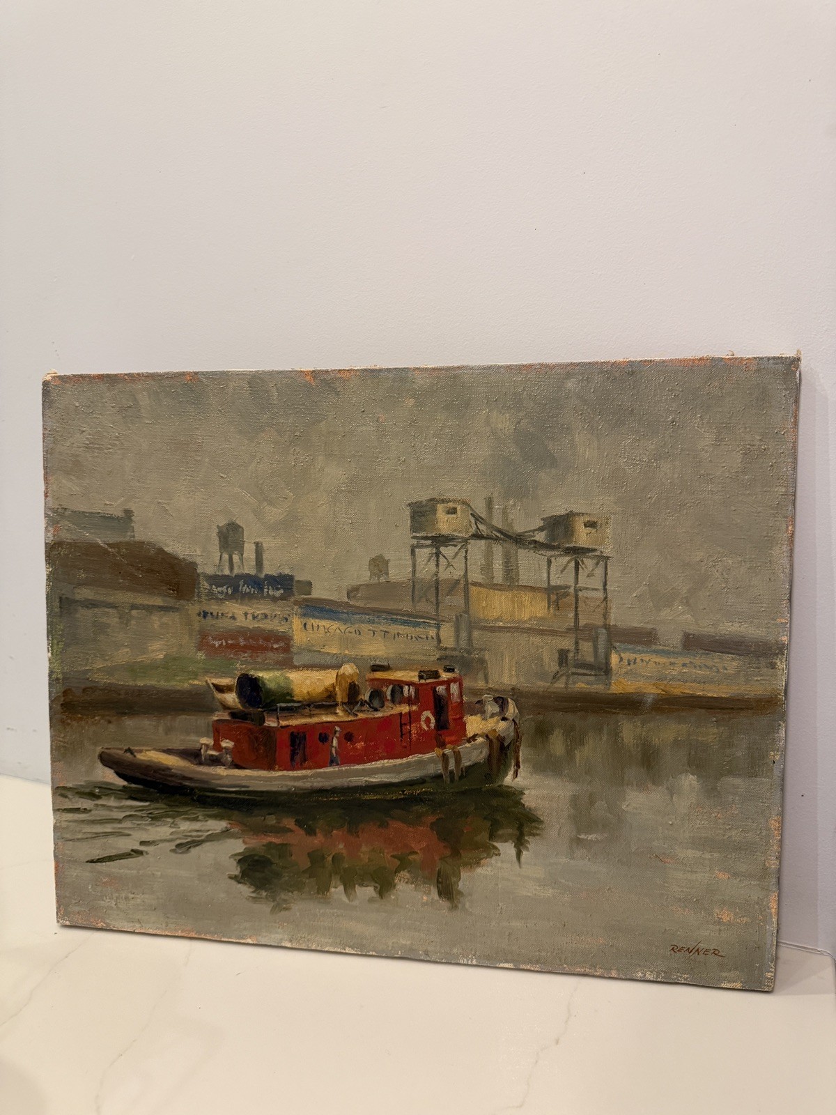 Vintage Original Oil on Canvas By Donald G. Renner Chicago Industrial Cityscape