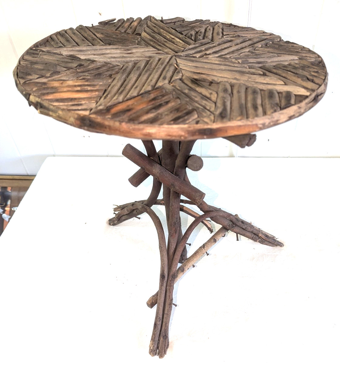 Wonderful 1920s Handcrafted Primitive Adirondack Twig Table with Star Mosaic Top