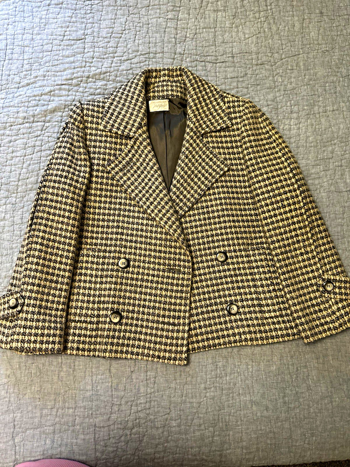 Vintage Lord & Taylor 100% Wool Houndstooth Tweed Pea Coat Jacket Short 10