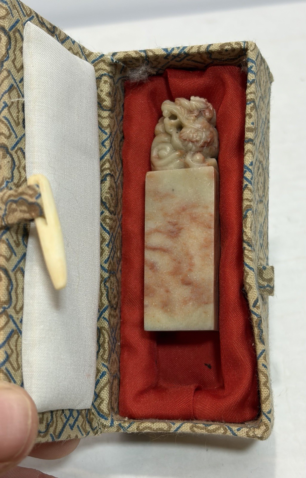 Vintage Chinese Soapstone Seal Chop Pixiu Dragon Carved Name Stamp Brocade Box Vintage Chinese Soapstone Seal Chop Pixiu Dragon Carved Name Stamp Brocade Box