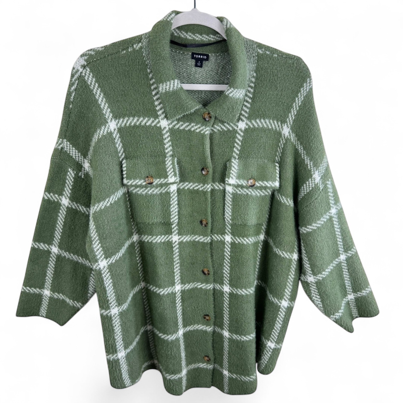 Torrid Womens Size 4X Sage Green Plaid Eyelash Knit Shacket Button Front Shacket