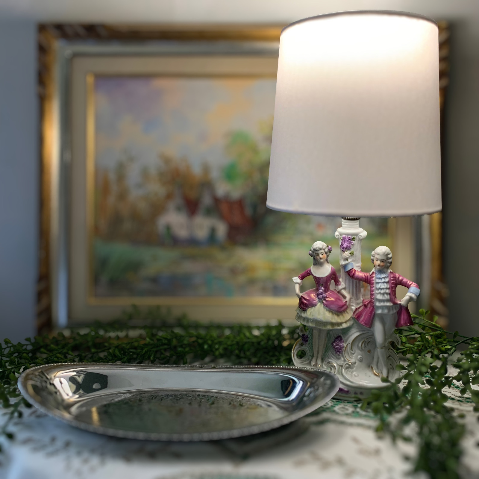 Vintage 1950s German Porcelain Figurine Lamp Rococo Couple Rewired New Shade