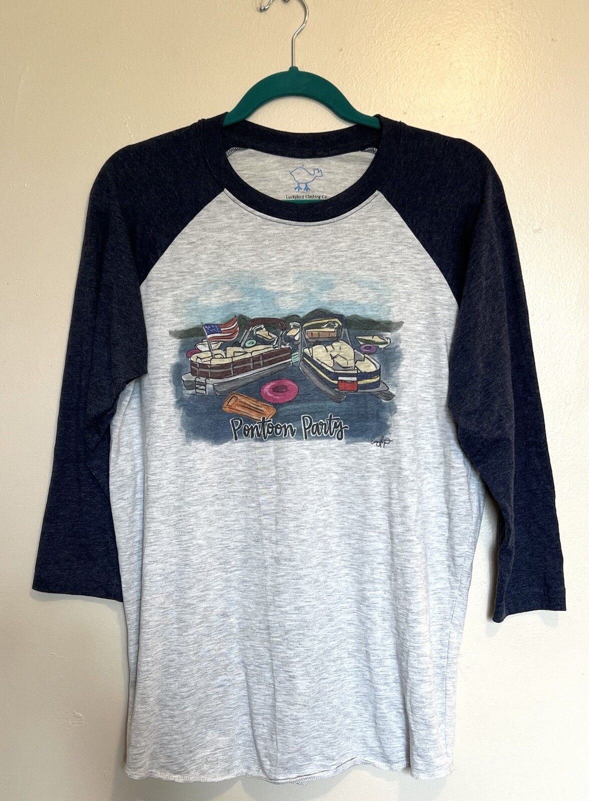 Luckybird Clothing Raglan Top Womens Size M Gray Blue “Pontoon Party” Boating