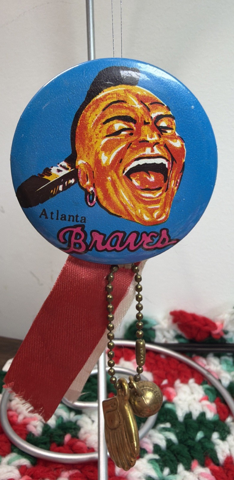 Vintage 1960s Atlanta Braves Pinback Button Complete Ribbon Glove & Ball Charm