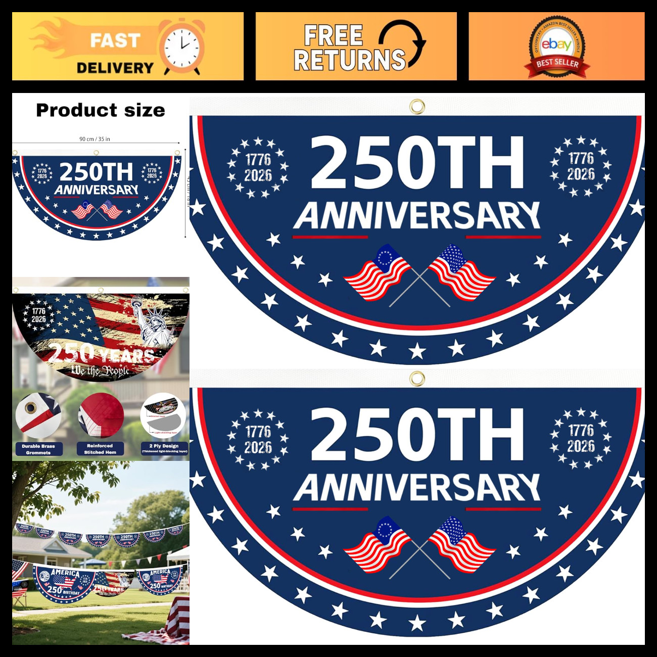 2PCS 250th Anniversary USA Flag 1.5x3 FT - 1776-2026 Outdoor Decor, Fan Flags