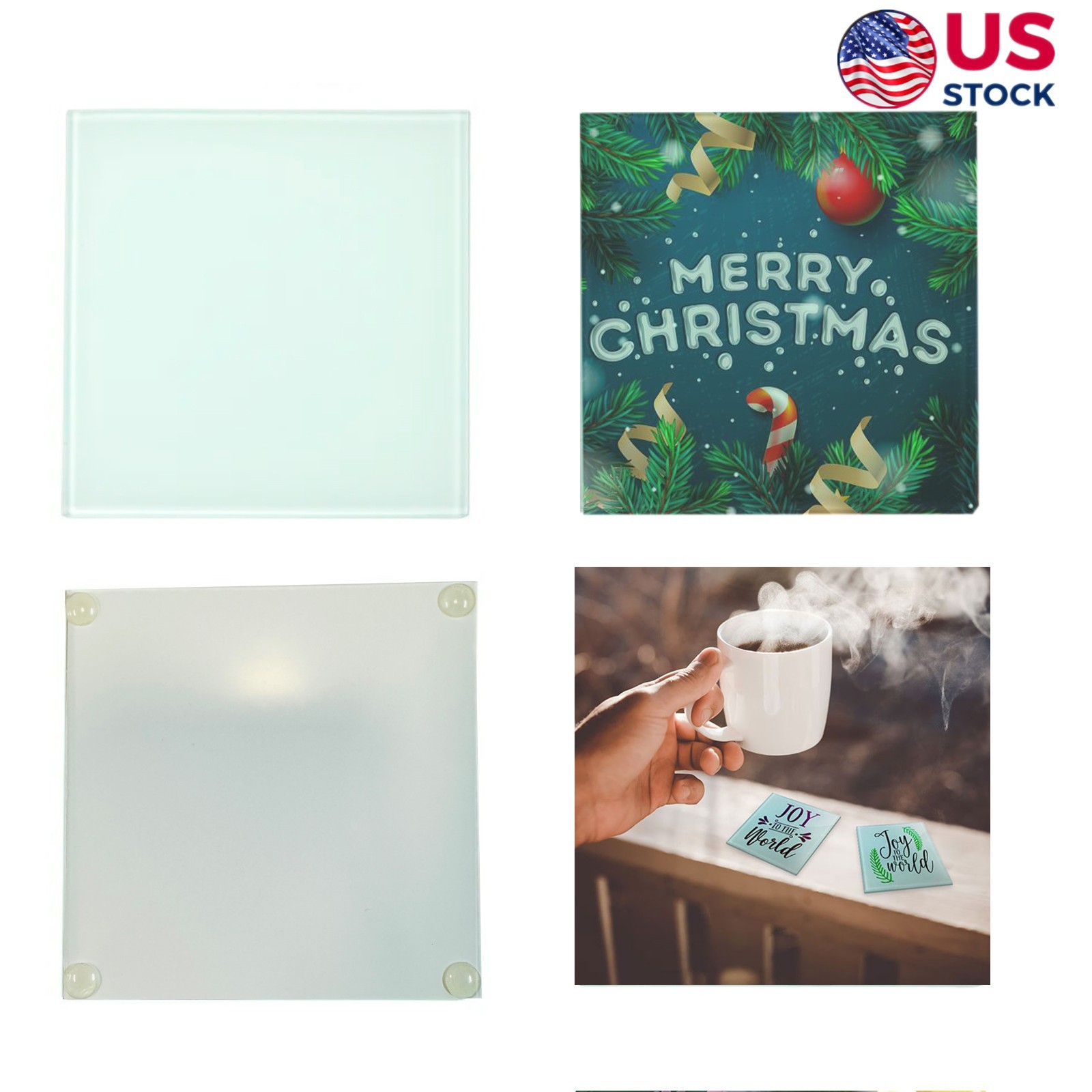 US Stock 120Pcs 3.9in Square Glossy Sublimation Glass Coasters w/ Anti Slip Pads