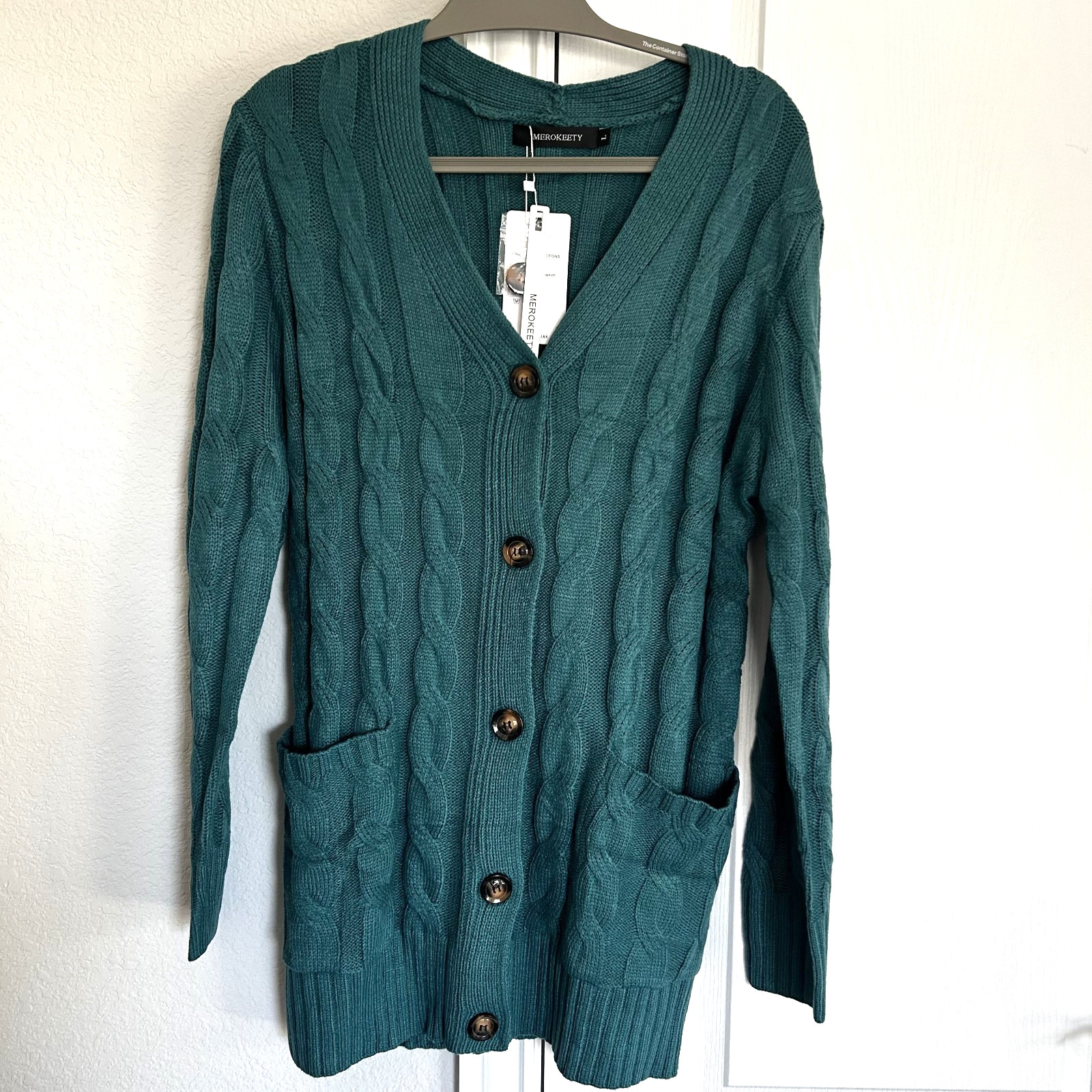 NWT Merokeety Cable Knit Long Cardigan Sweater Pockets Womens Large Teal Green NWT Merokeety Cable Knit Long Cardigan Sweater Pockets Womens Large Teal Green
