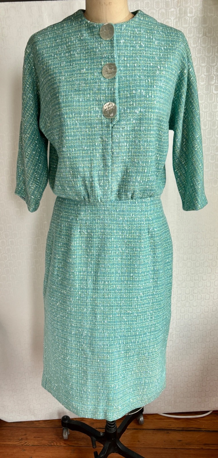VTG 60\'S MOD PREPPY HANDMADE AQUA BLUE&GREEN WOOL TWEED SHEETH DRESS*S