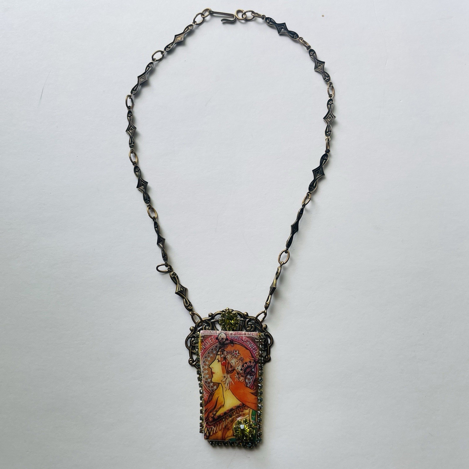 Vintage RARE Alphonse Mucha Art Nouveau Revival Necklace Rhinestones Tile? W Box