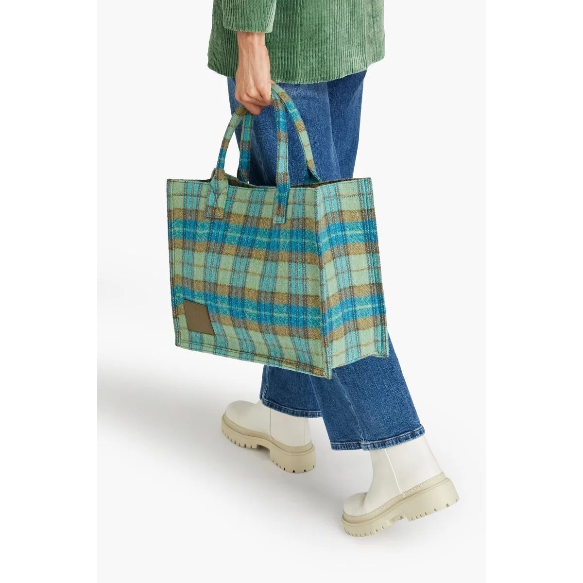 NWT $360 MSRP Sandro Kasbah Tartan Wool Leather Trim Tote Bag Blue Green Large NWT $360 MSRP Sandro Kasbah Tartan Wool Leather Trim Tote Bag Blue Green Large