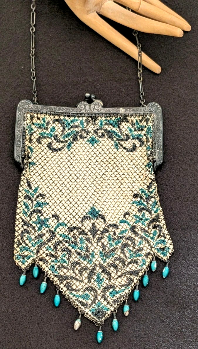 Vintage Mesh Flapper Purse  Ivory + Blue