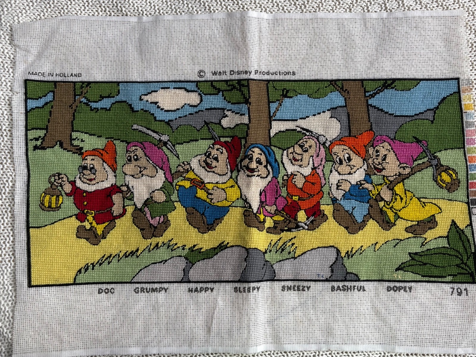 Vintage Walt Disney Seven Dwarfs Hand Stitched Needlepoint Tapestry Holland