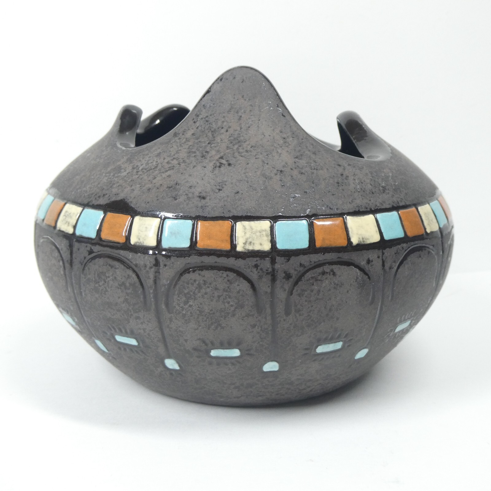 Black Ceramic Bowl Pot Blue Squares Geometric Signed Vtg MCM Blackware Southwest
