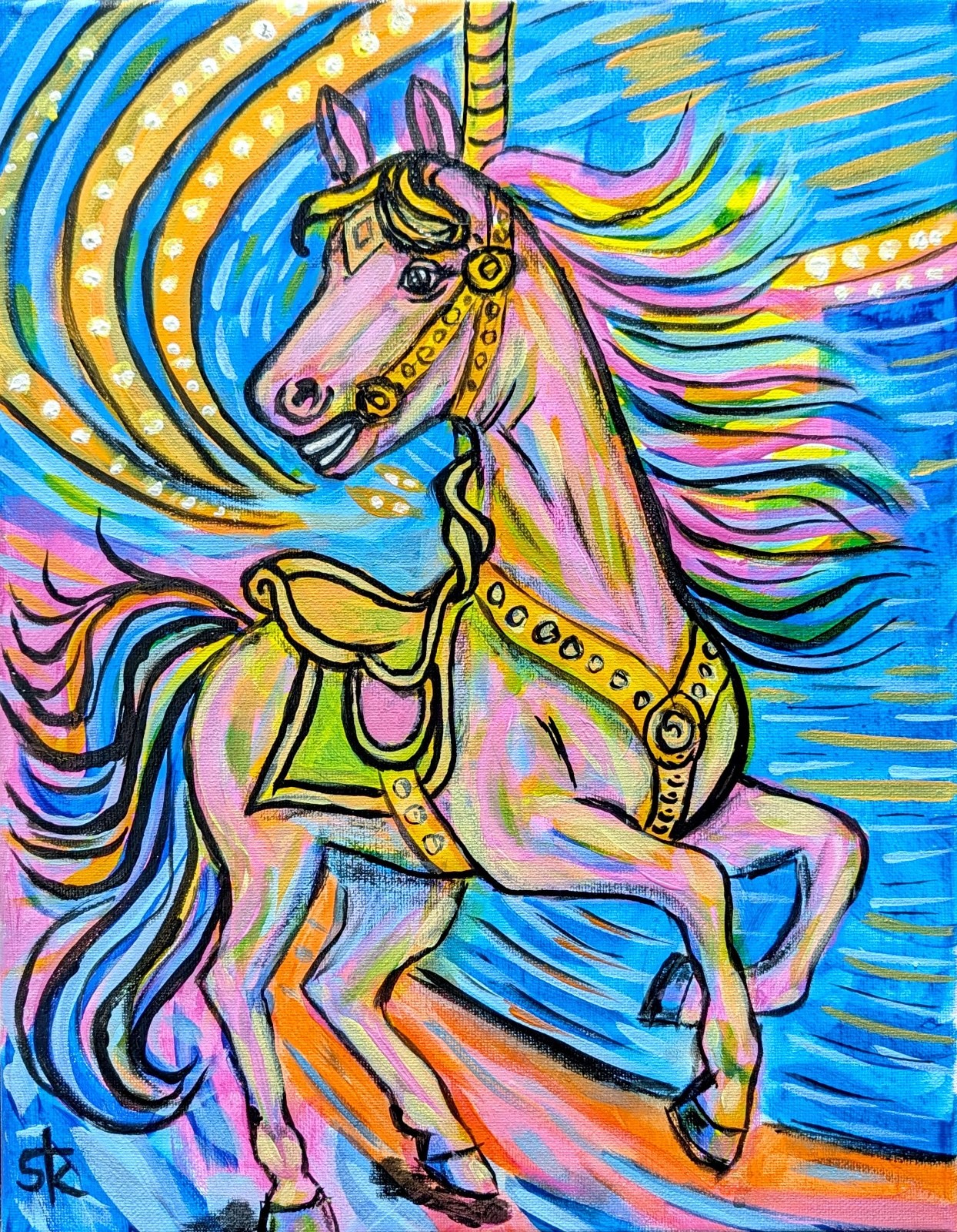 Original 14x11 Expressionist Colorful Carousel Horse Painting Signed Canvas