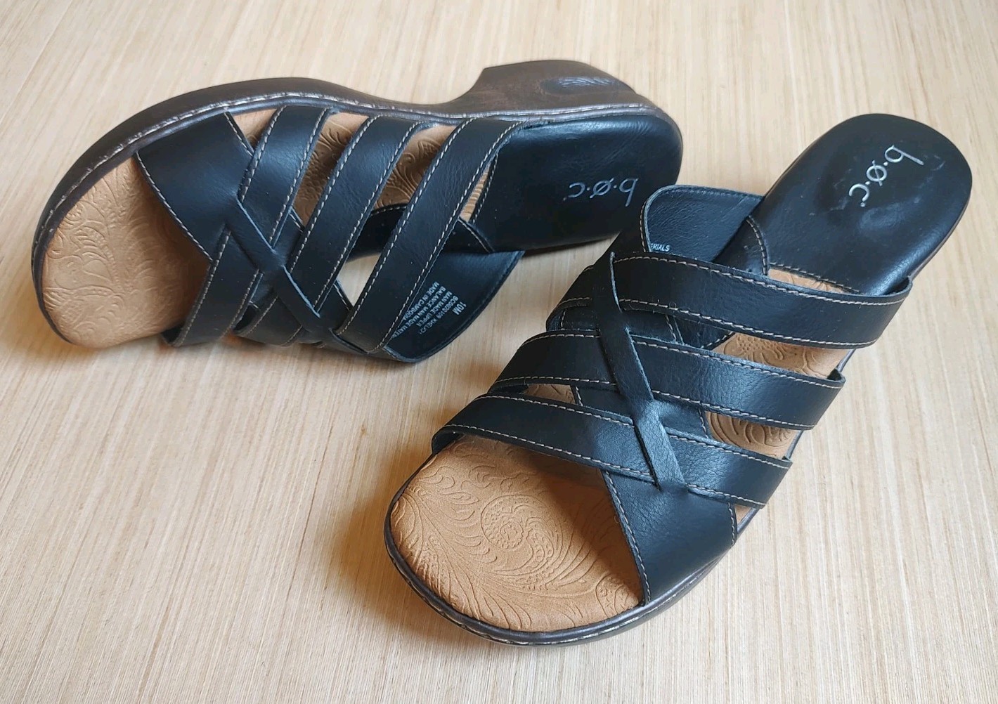 Boc By Born Slides Leather Strappy Black Mules Wedge Sandals Shoes Heels Size 10