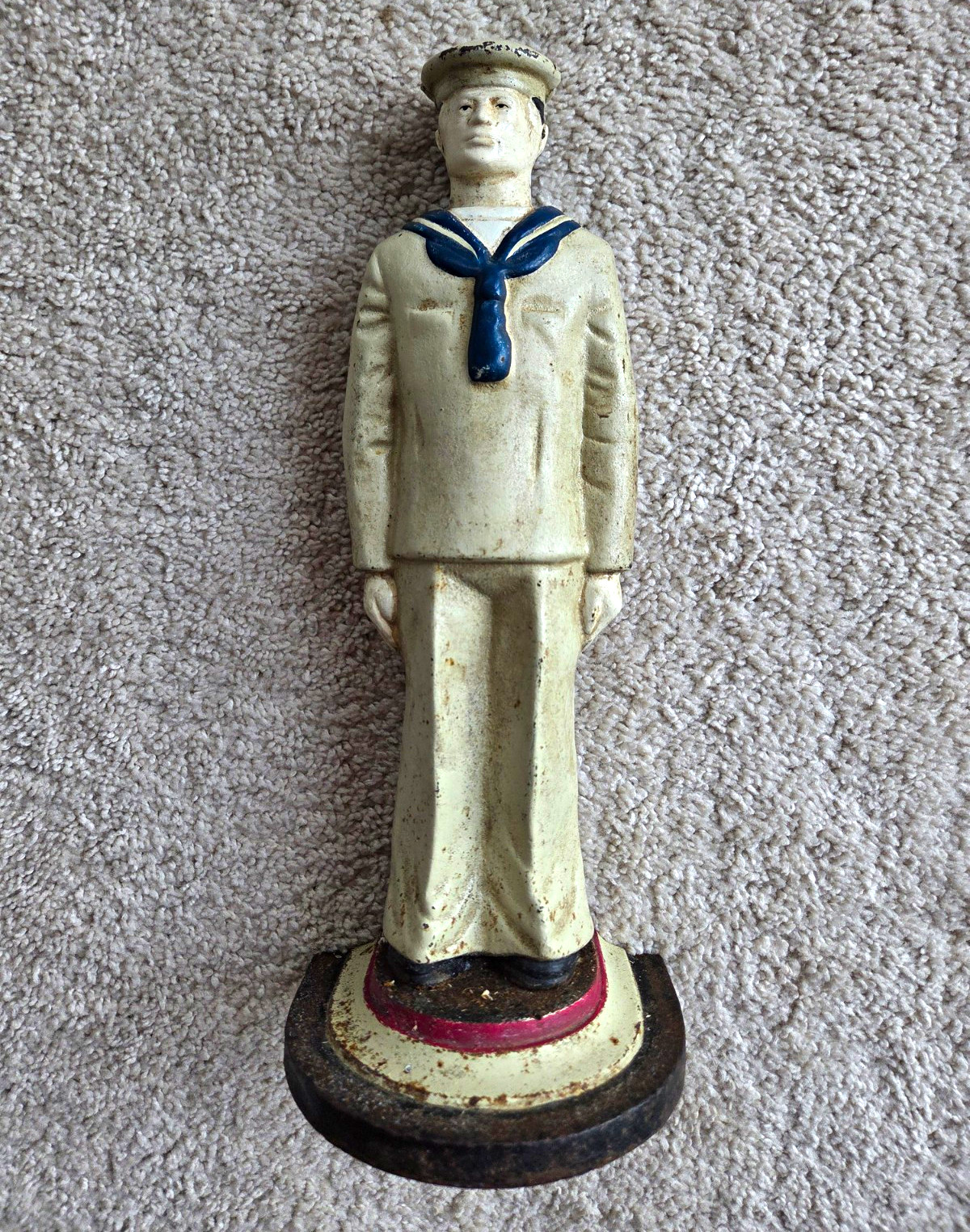 Vintage Rare Cast Iron Nautical Sailor Doorstop Painted White Blue Red Black Vintage Rare Cast Iron Nautical Sailor Doorstop Painted White Blue Red Black