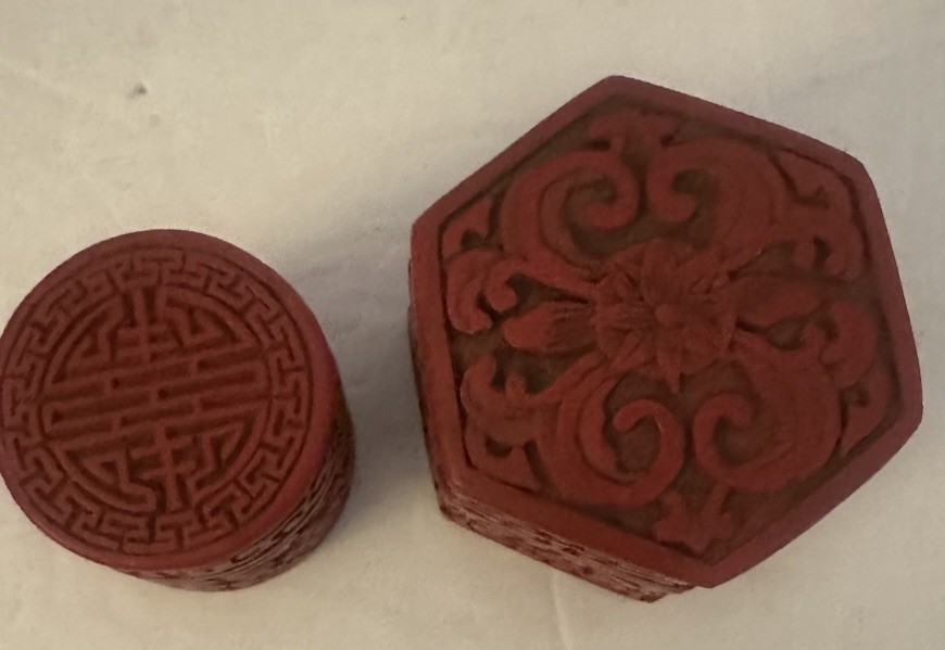 Vintage Two Chinese Hexagonal & Round Cinnabar Lacquer Box, Carved Vintage Two Chinese Hexagonal & Round Cinnabar Lacquer Box, Carved
