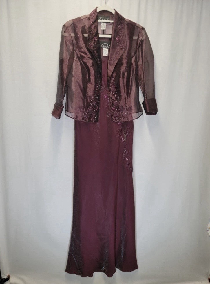 Alex Evenings Women\'s Size 12 Maxi Dress Sheer Jacket Burgundy Beaded AS IS Alex Evenings Women\'s Size 12 Maxi Dress Sheer Jacket Burgundy Beaded AS IS