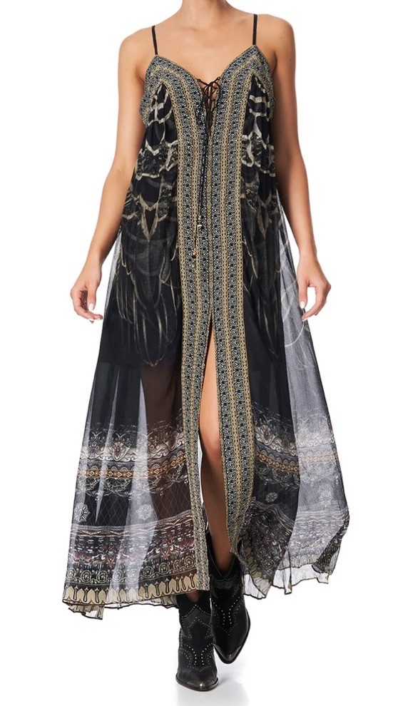 Camilla Long Dress Size S Under A Full Moon Evening Gold Black Maxi Event