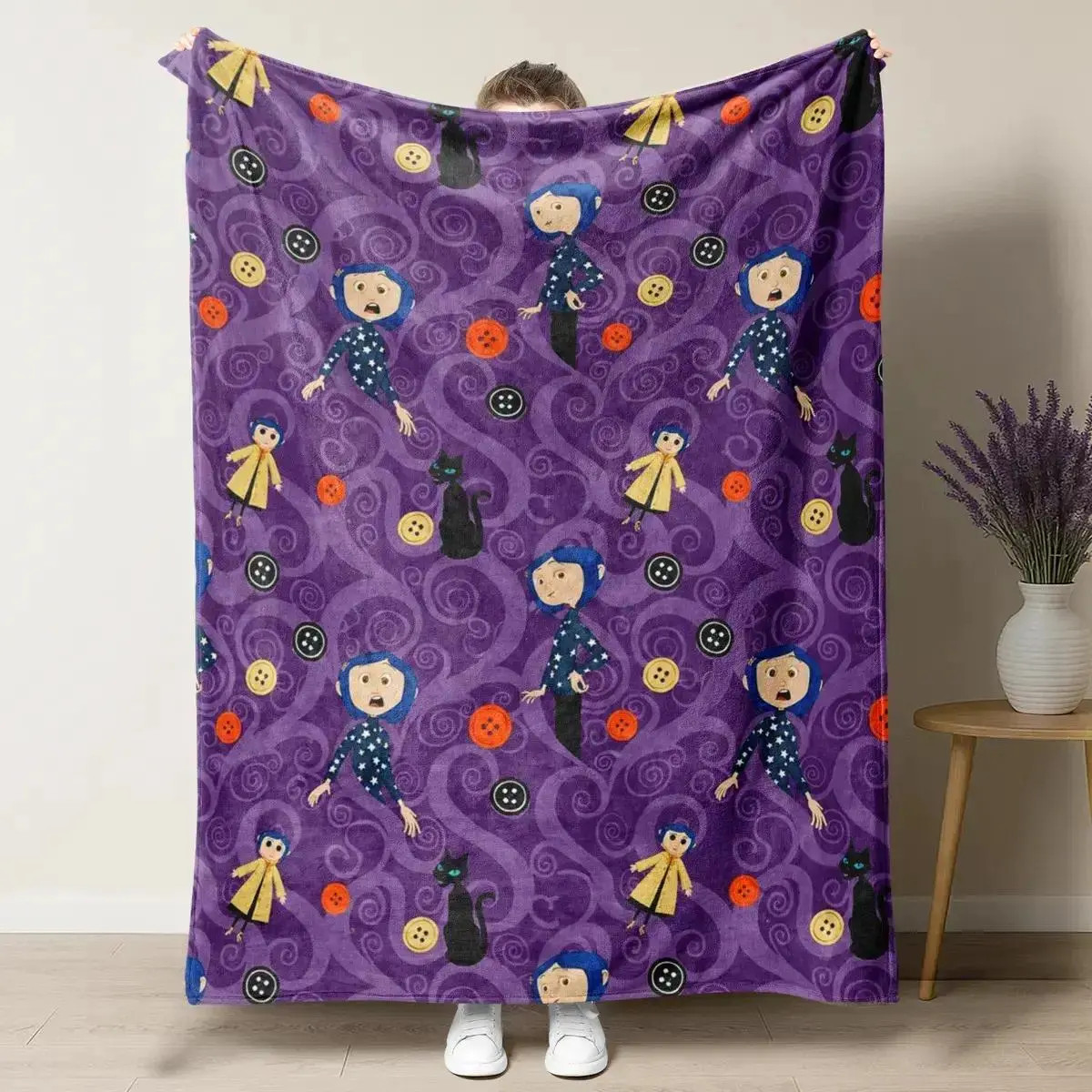 Coraline Purple Swirl Black Cat Button Flannel Throw Blanket Gift