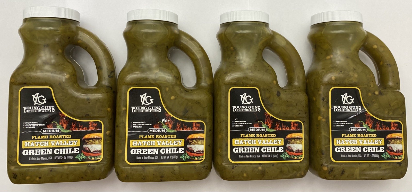 4 PK, Young Guns Flame Roasted Hatch Valley Green Chile Sauce Medium 24 oz each