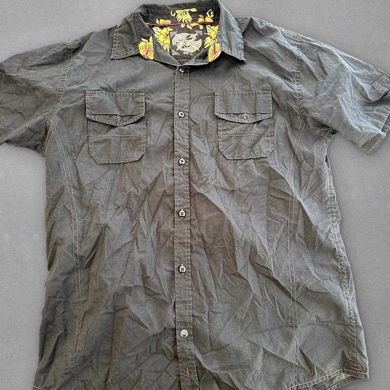 Black Button Up Shirt Yellow Floral Collar Short Sleeve Men\'s L Black Button Up Shirt Yellow Floral Collar Short Sleeve Men\'s L