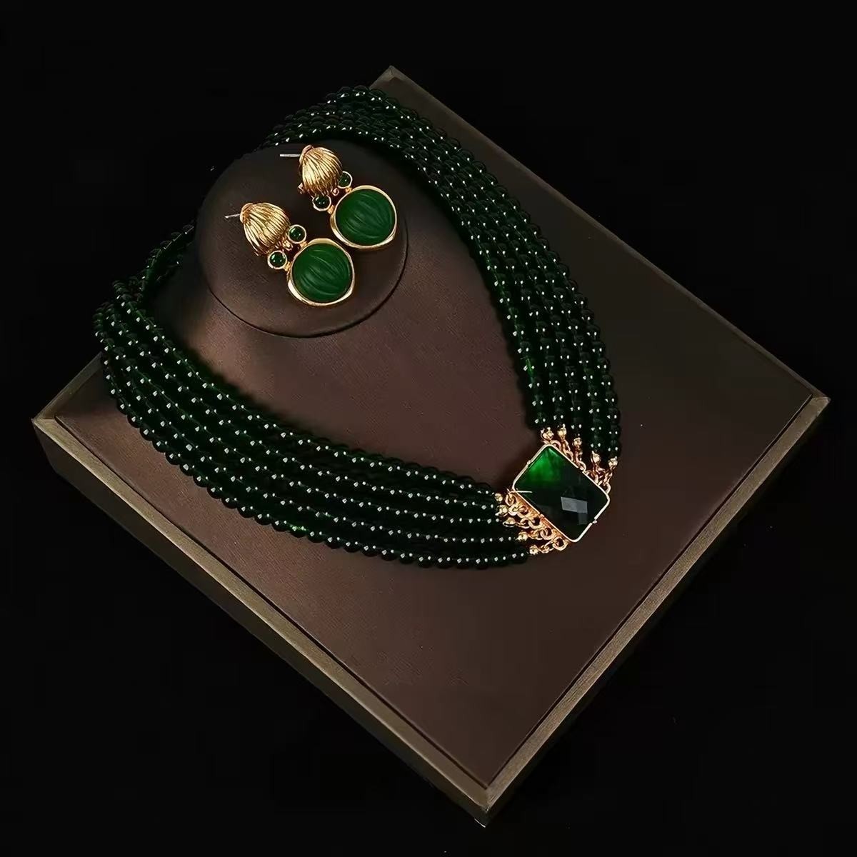Vintage Inspired Emerald Green Beaded Necklace Earrings Set Gold Tone Statement