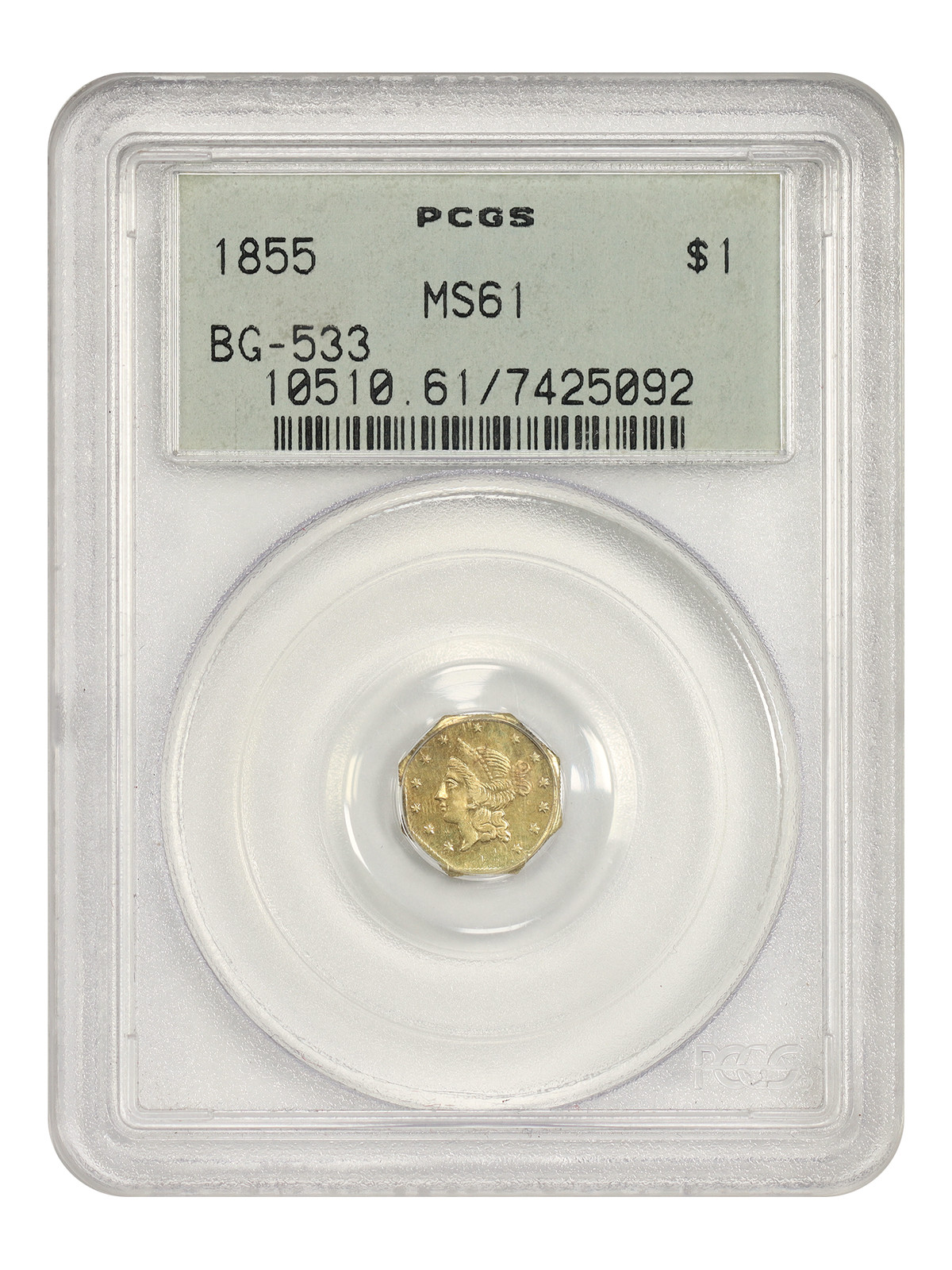 Cal. Fractional: 1855 $1 PCGS MS61 (BG-533, OGH) - California Fractional Gold